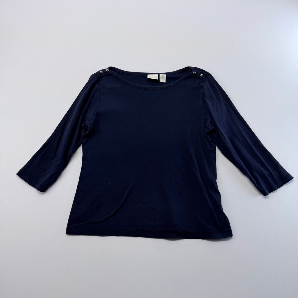 Chicos Navy Blue Cotton Boat Neck 3/4 Sleeve Button Shoulder Top Size 0 S